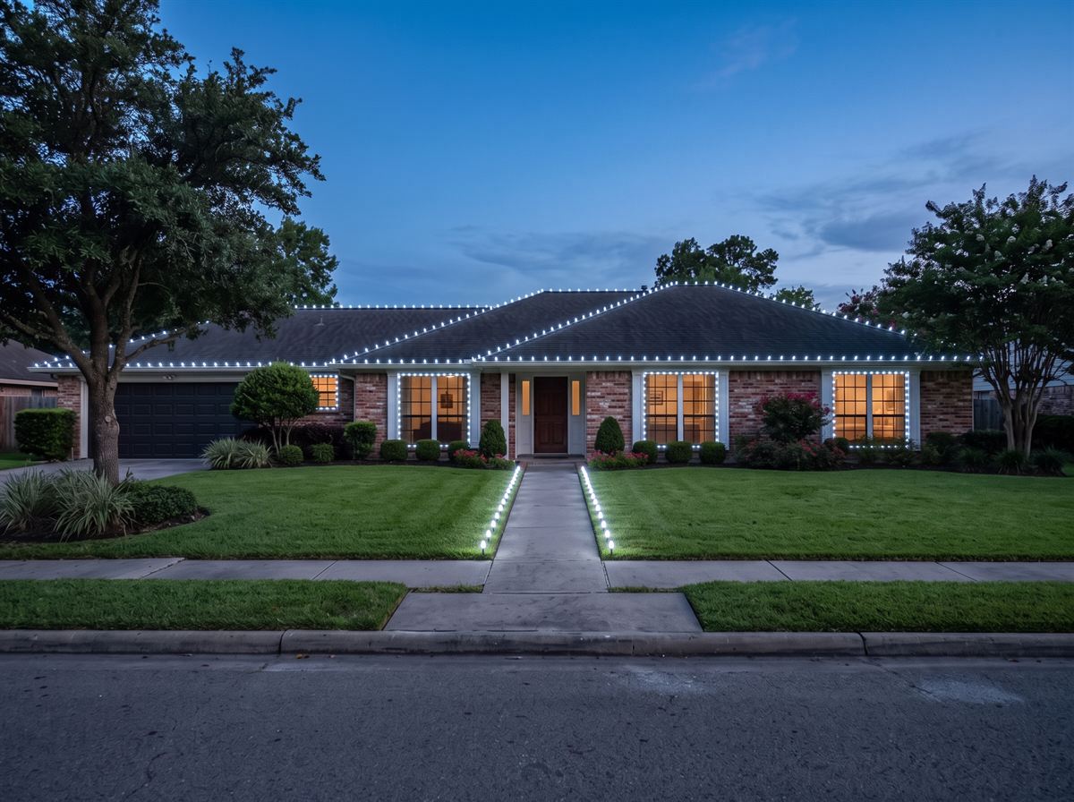 The same ranch home with pure white roofline lights, outlined front windows and lit walkway stakes