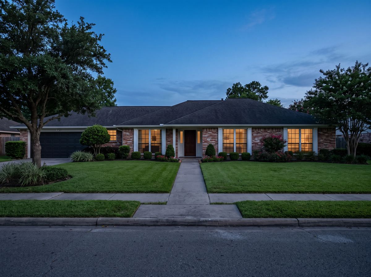 Single-story brick ranch home at dusk with no Christmas lights