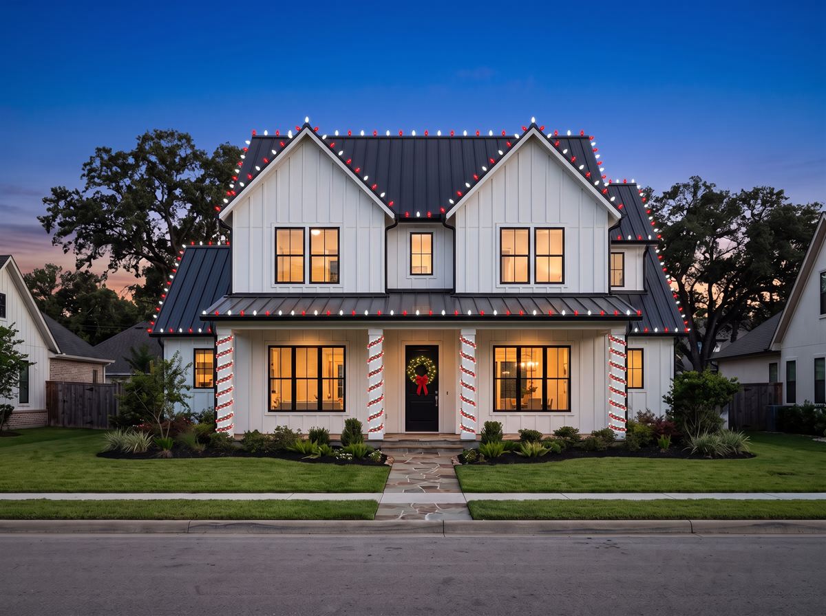 The same farmhouse with red and white candy cane roofline lights, striped porch columns and a lit wreath