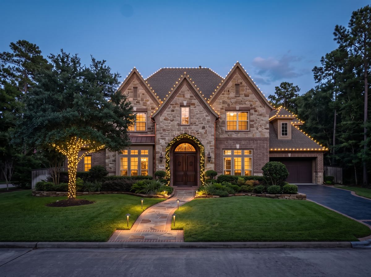 The same stone home with warm white lights on every peak, a light-wrapped tree, entry garland and walkway lights
