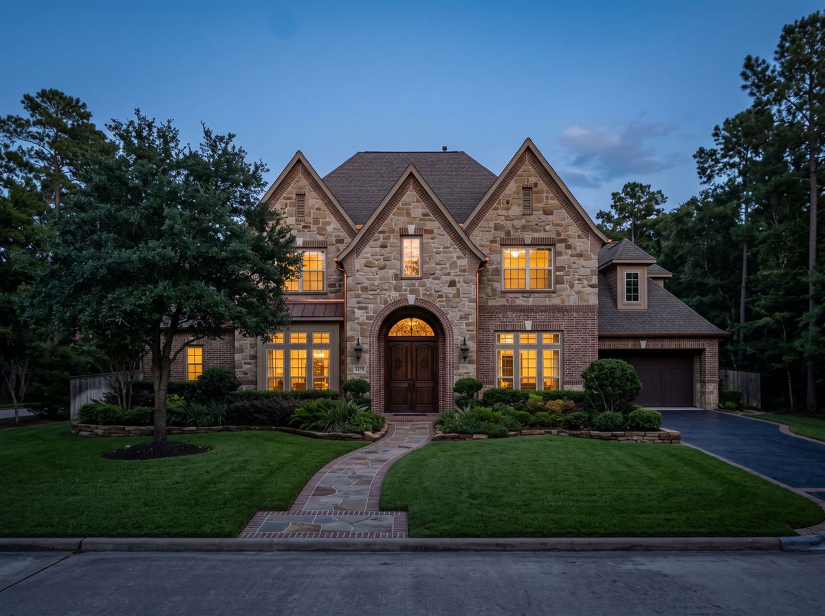 Large stone two-story home at dusk with no Christmas lights